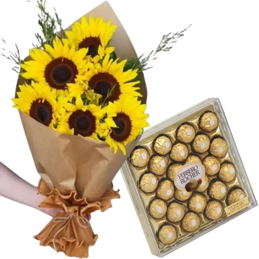 Ramo de flores girasoles con bombones ferrero rocher x24 